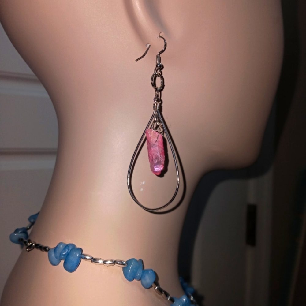 Rose quartz gemstone silver plated dangle hoop statement Earrings hand crafted